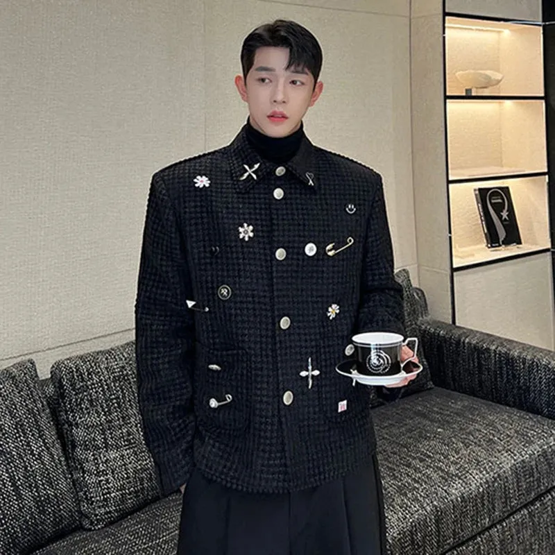 Bonsir Trend Men's Woolen Jackets Korean Style Light Luxury Casual Coat DIY Chest Pin Outerwear Niche Design 2024 Autumn New
