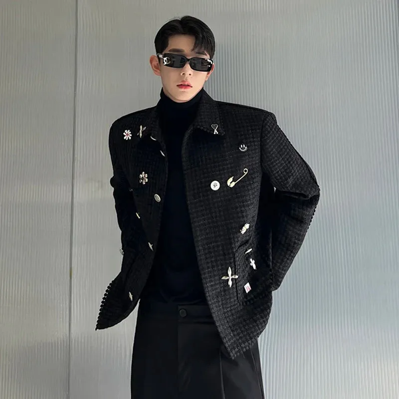 Bonsir Trend Men's Woolen Jackets Korean Style Light Luxury Casual Coat DIY Chest Pin Outerwear Niche Design 2024 Autumn New