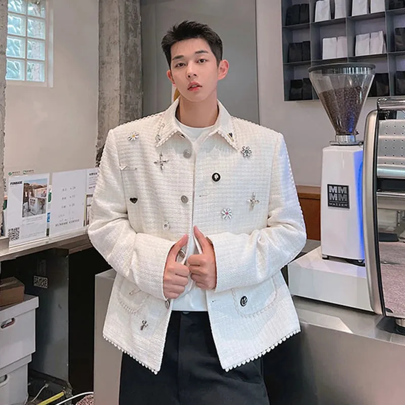 Bonsir Trend Men's Woolen Jackets Korean Style Light Luxury Casual Coat DIY Chest Pin Outerwear Niche Design 2024 Autumn New