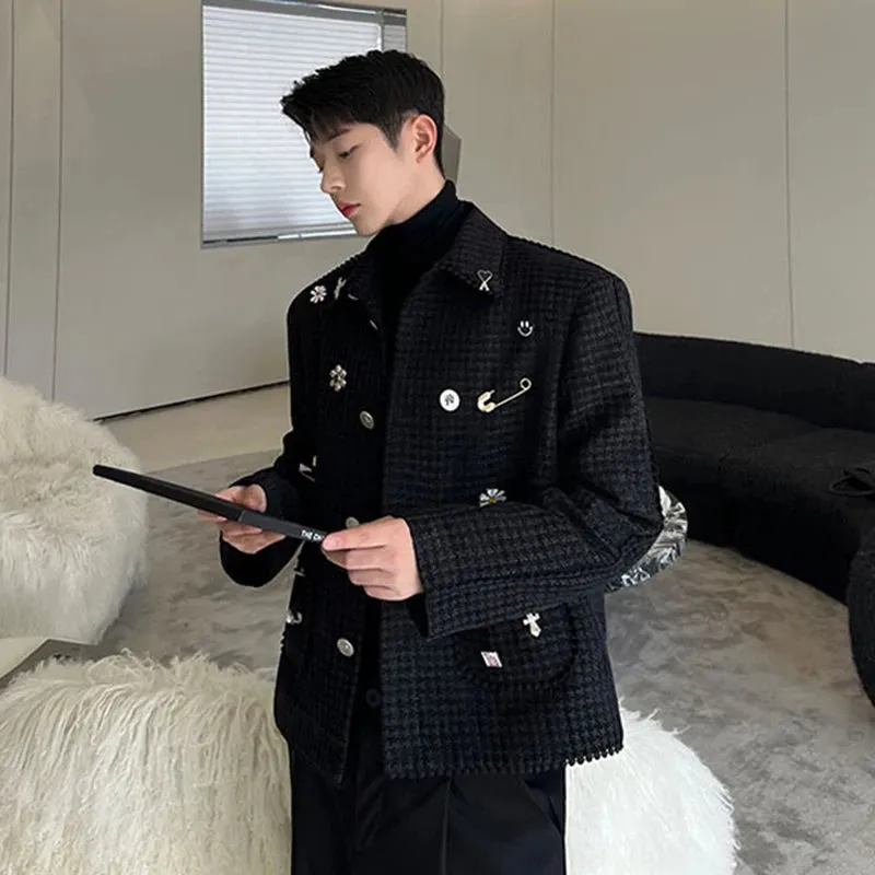 Bonsir Trend Men's Woolen Jackets Korean Style Light Luxury Casual Coat DIY Chest Pin Outerwear Niche Design 2024 Autumn New