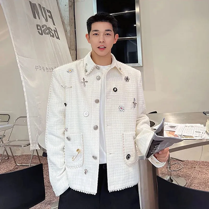 Bonsir Trend Men's Woolen Jackets Korean Style Light Luxury Casual Coat DIY Chest Pin Outerwear Niche Design 2024 Autumn New