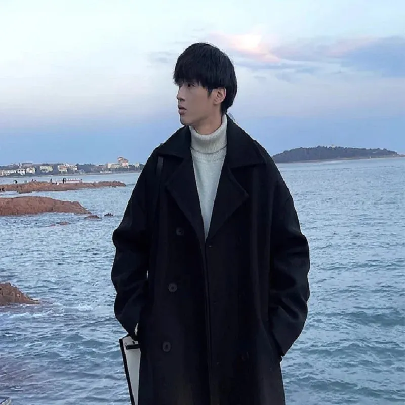 Bonsir Winter Men Black Thick Woolen Trench Coats Korean Style High Quality Male Casual Trenchcoat Men's Streetwear Windbreaker