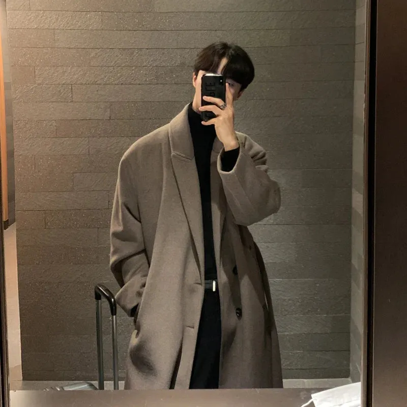 Bonsir Winter Men Thick Woolen Dust Coats Korean Style Streetwear Male Loose Solid Color Warm Trenchcoat High Quality Men's Windbreak
