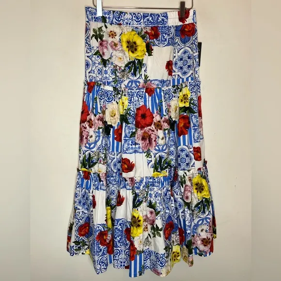 BOSTON PROPER bohemian tiered patchwork maxi skirt