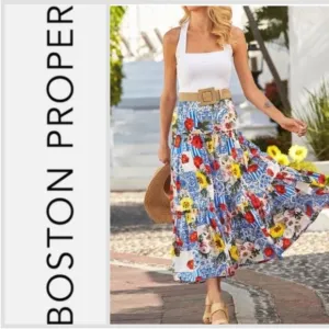 BOSTON PROPER bohemian tiered patchwork maxi skirt