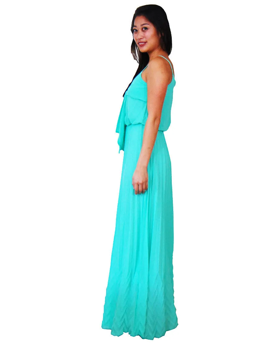 Bow Tie Chest Ruffle Maxi Dress Turquoise Teal