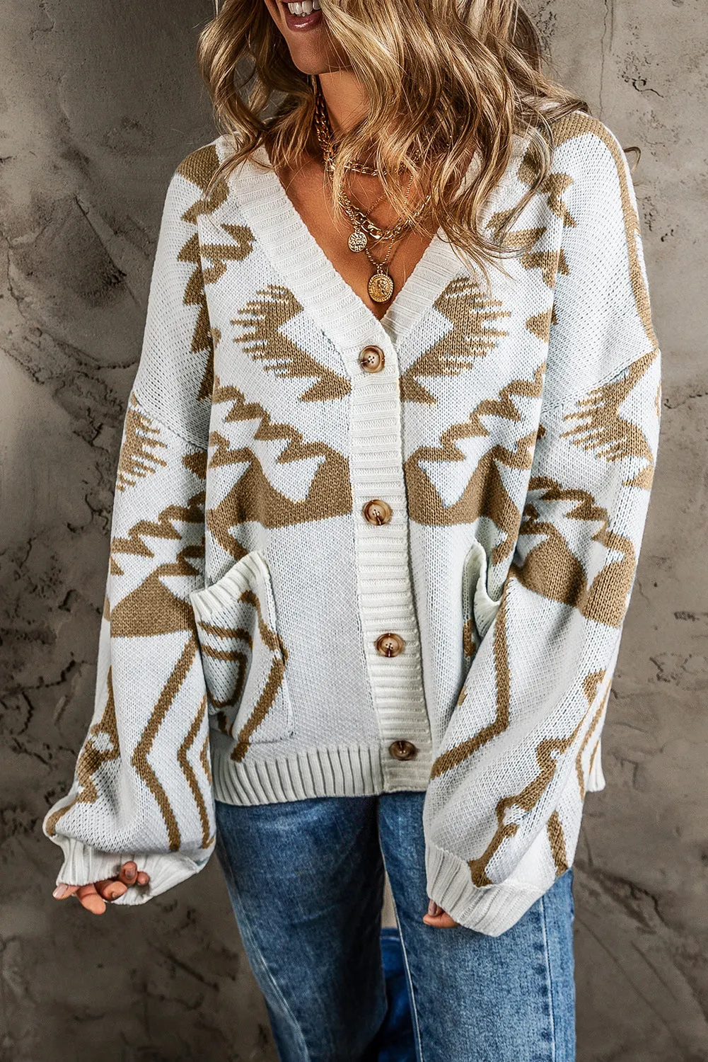 Brown Geometric Pattern Ribbed Trim Button-Up Cardigan