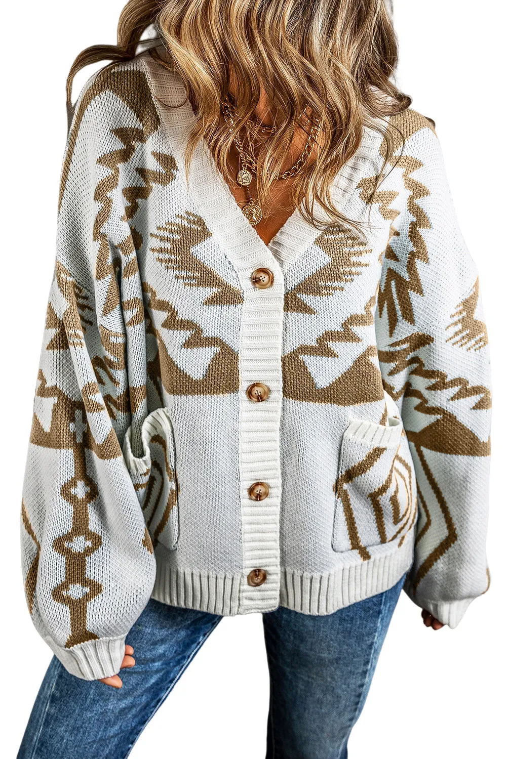 Brown Geometric Pattern Ribbed Trim Button-Up Cardigan
