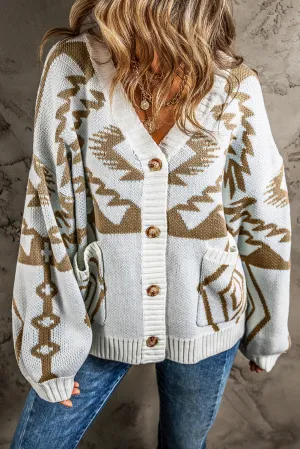 Brown Geometric Pattern Ribbed Trim Button-Up Cardigan