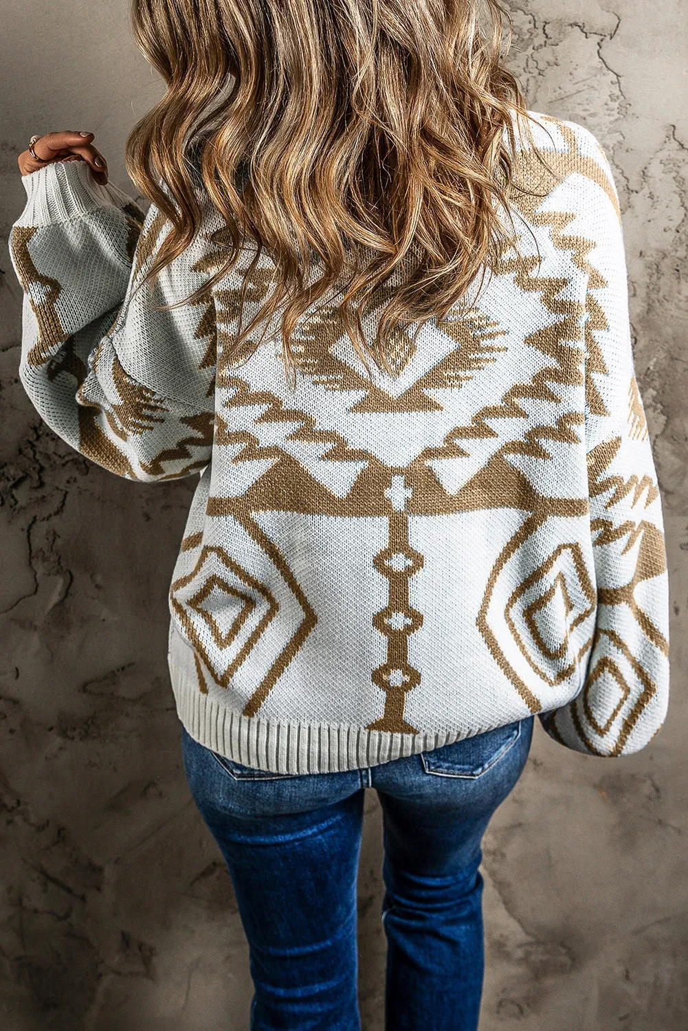 Brown Geometric Pattern Ribbed Trim Button-Up Cardigan
