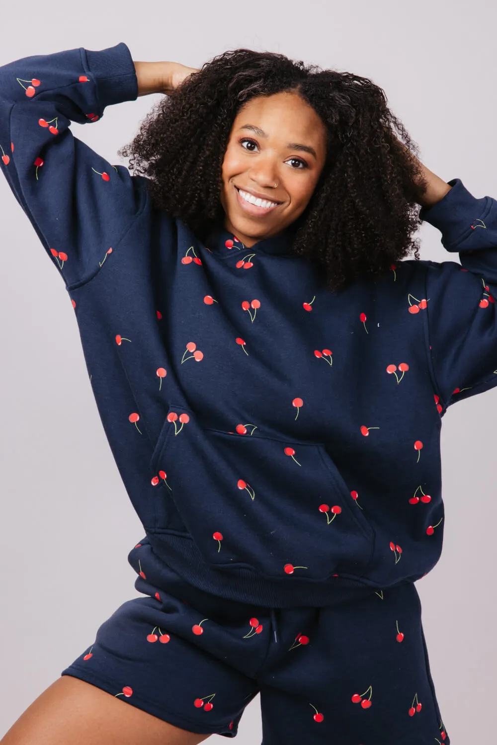 Cherry Screen Printed Hoodie for Women in Navy | PST1391-NAVY