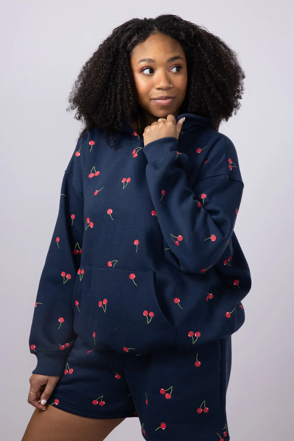 Cherry Screen Printed Hoodie for Women in Navy | PST1391-NAVY