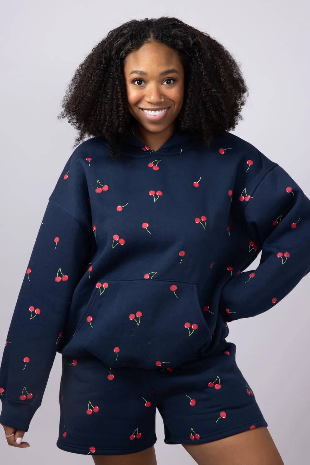 Cherry Screen Printed Hoodie for Women in Navy | PST1391-NAVY
