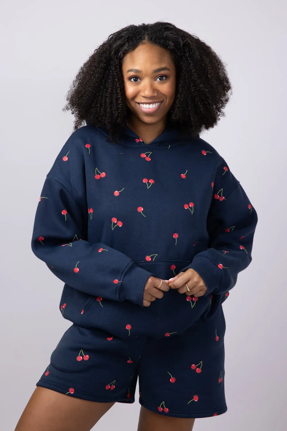 Cherry Screen Printed Hoodie for Women in Navy | PST1391-NAVY