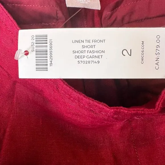 CHICO'S Linen Tie-Front Shorts in Garnet Women's Size 2 = U.S. size 12