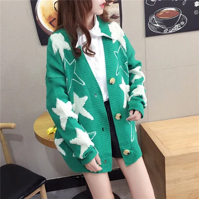 Colorful Star Geometry Print Knitted Cardigan Women Casual Single Breasted Jumper 2019 Autumn Winter
