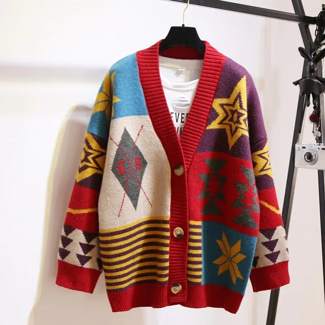 Colorful Star Geometry Print Knitted Cardigan Women Casual Single Breasted Jumper 2019 Autumn Winter