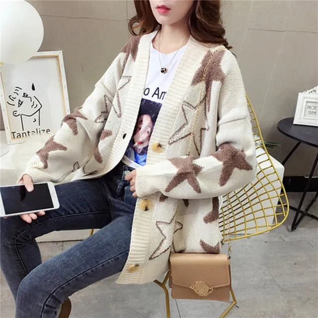 Colorful Star Geometry Print Knitted Cardigan Women Casual Single Breasted Jumper 2019 Autumn Winter