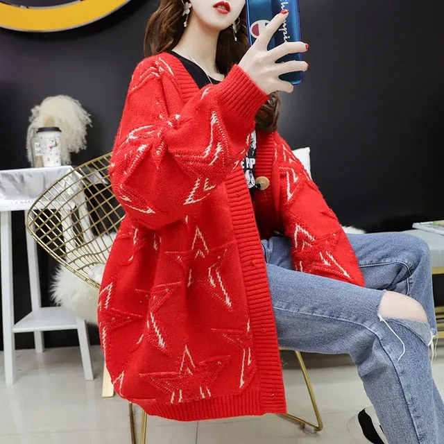 Colorful Star Geometry Print Knitted Cardigan Women Casual Single Breasted Jumper 2019 Autumn Winter