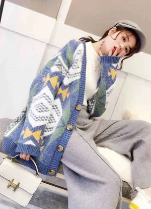 Colorful Star Geometry Print Knitted Cardigan Women Casual Single Breasted Jumper 2019 Autumn Winter