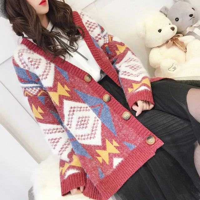 Colorful Star Geometry Print Knitted Cardigan Women Casual Single Breasted Jumper 2019 Autumn Winter