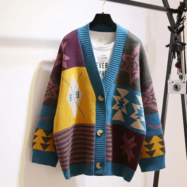Colorful Star Geometry Print Knitted Cardigan Women Casual Single Breasted Jumper 2019 Autumn Winter