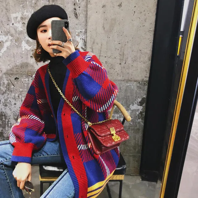 Colorful Star Geometry Print Knitted Cardigan Women Casual Single Breasted Jumper 2019 Autumn Winter