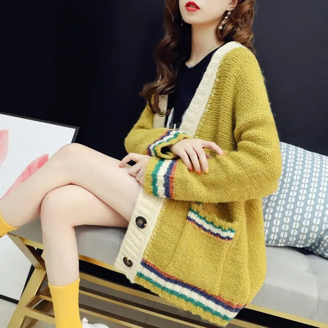 Colorful Star Geometry Print Knitted Cardigan Women Casual Single Breasted Jumper 2019 Autumn Winter