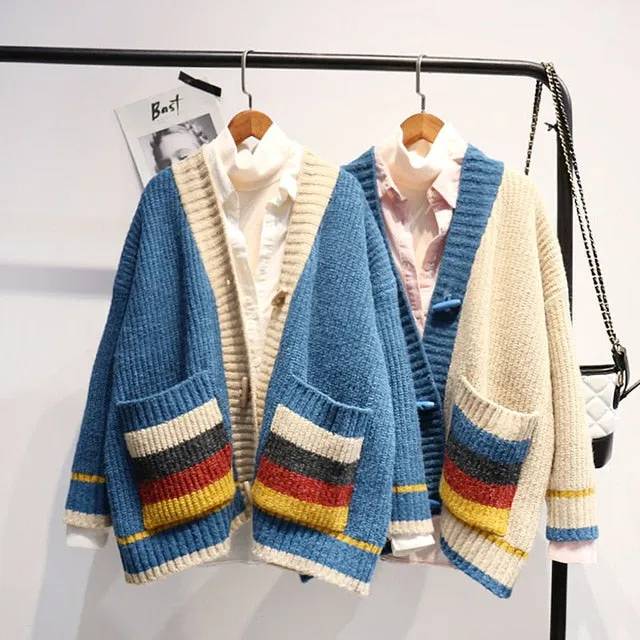 Colorful Star Geometry Print Knitted Cardigan Women Casual Single Breasted Jumper 2019 Autumn Winter