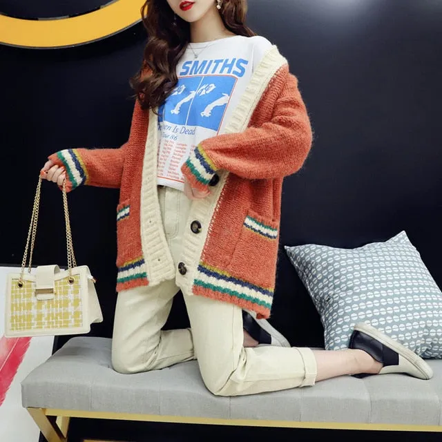 Colorful Star Geometry Print Knitted Cardigan Women Casual Single Breasted Jumper 2019 Autumn Winter