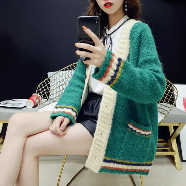 Colorful Star Geometry Print Knitted Cardigan Women Casual Single Breasted Jumper 2019 Autumn Winter