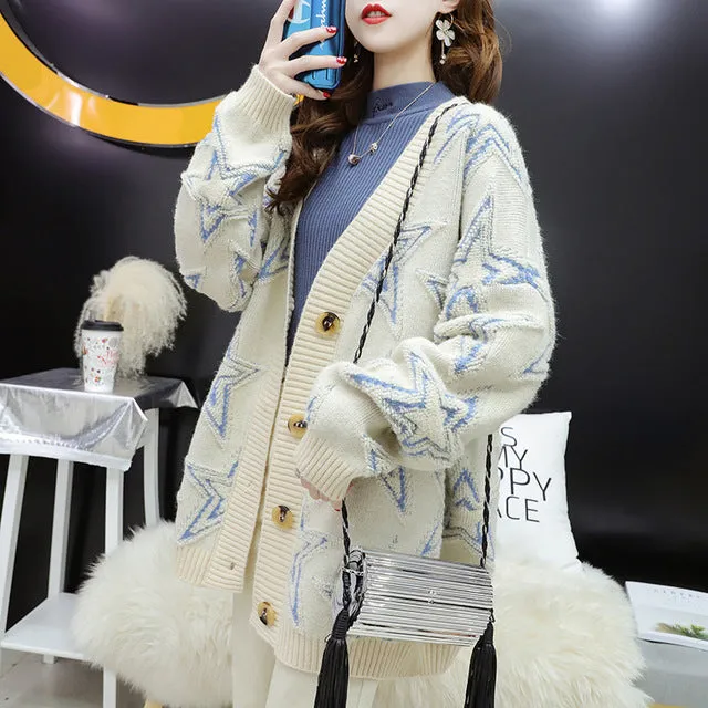 Colorful Star Geometry Print Knitted Cardigan Women Casual Single Breasted Jumper 2019 Autumn Winter