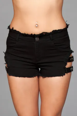 Denim Shorts With Belt Buckle Side Details and Faux Back Pockets - Small