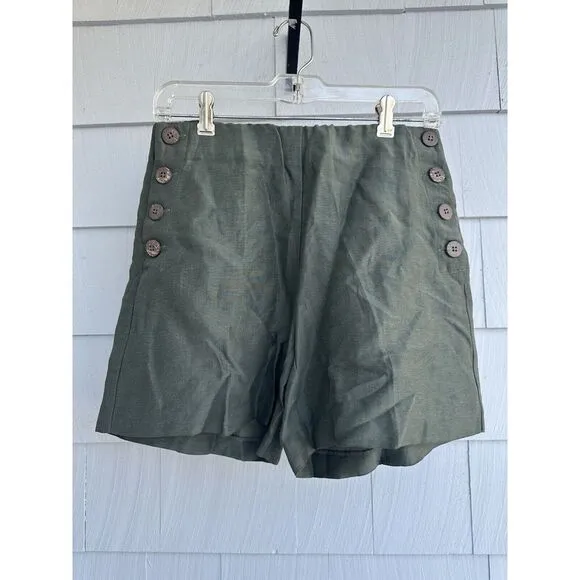 Ecru‎ Linen Dark Olive Shorts Side Button Closure Size Small NWT