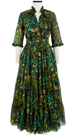 Eden Dress Crew Neck 3/4 Sleeve with Hamilton Belt Maxi Length Cotton Musola (Cactus Paradise Bright)