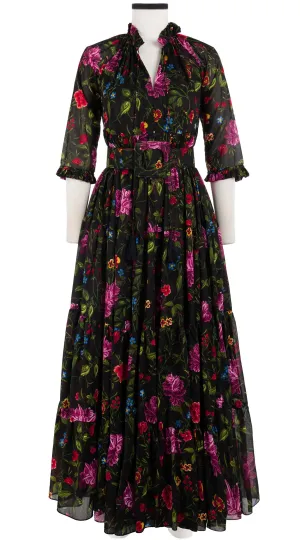 Eden Dress Crew Neck 3/4 Sleeve with Hamilton Belt Maxi Length Cotton Musola (Petite Flora)