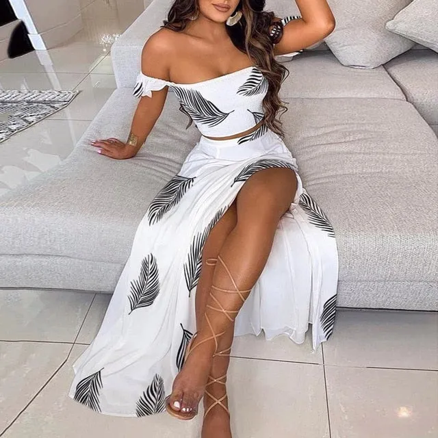 Elegant Long Sexy Off Shoulder Top And Split Skirt Two Piece Set Outfit