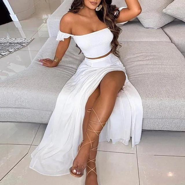 Elegant Long Sexy Off Shoulder Top And Split Skirt Two Piece Set Outfit