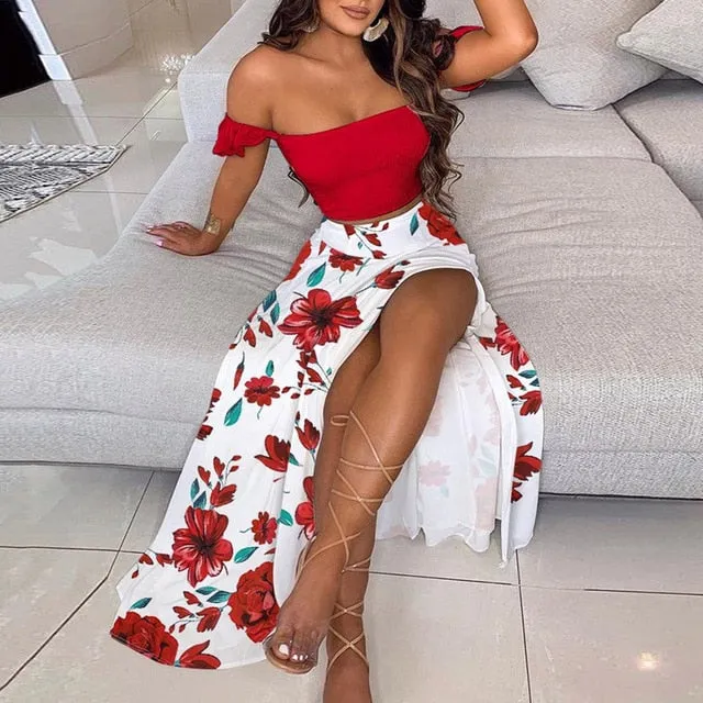 Elegant Long Sexy Off Shoulder Top And Split Skirt Two Piece Set Outfit