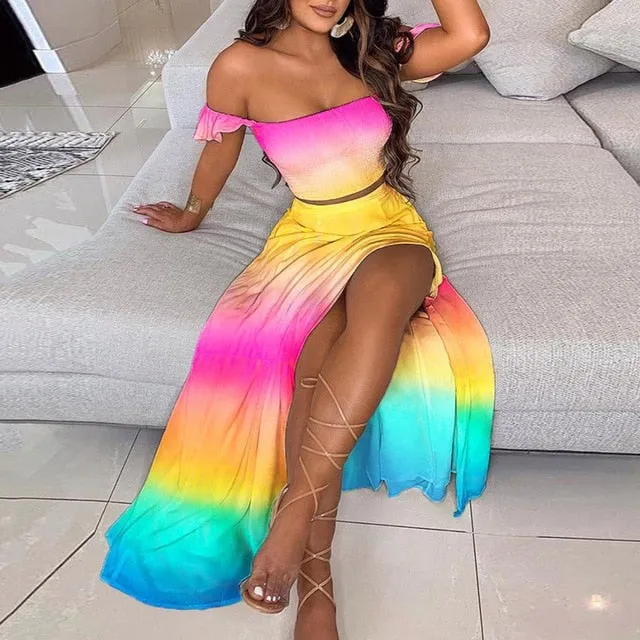 Elegant Long Sexy Off Shoulder Top And Split Skirt Two Piece Set Outfit
