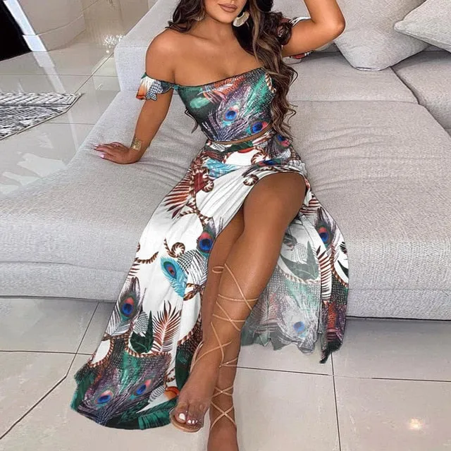 Elegant Long Sexy Off Shoulder Top And Split Skirt Two Piece Set Outfit