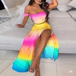 Elegant Long Sexy Off Shoulder Top And Split Skirt Two Piece Set Outfit