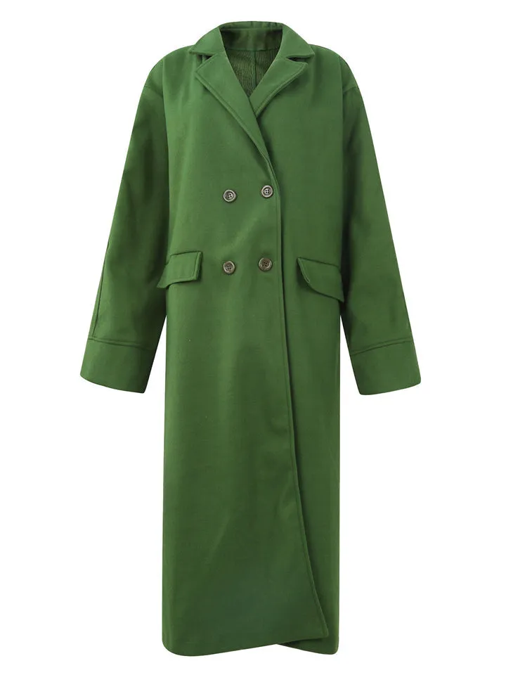 Elegant Suit Collar Long Sleeve Woolen Overcoat for Women