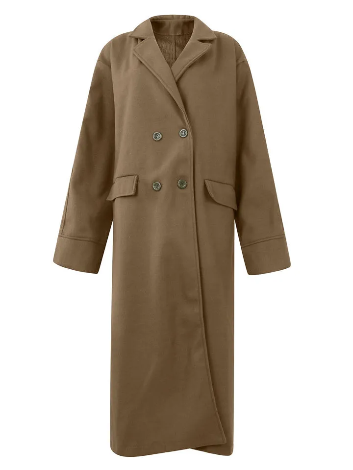 Elegant Suit Collar Long Sleeve Woolen Overcoat for Women