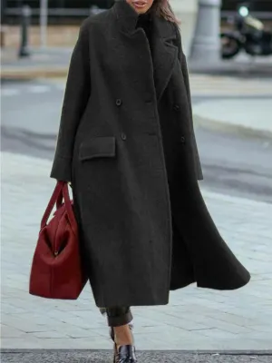 Elegant Suit Collar Long Sleeve Woolen Overcoat for Women