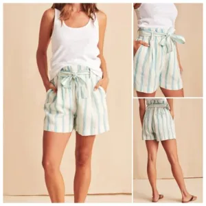Faherty Cypress Linen Shorts Blue Stripe Tie Waist, Large (W5)