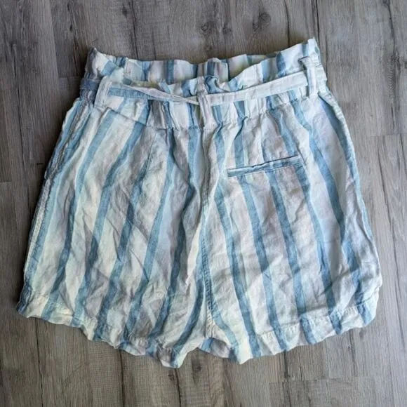 Faherty Cypress Linen Shorts Blue Stripe Tie Waist, Large (W5)