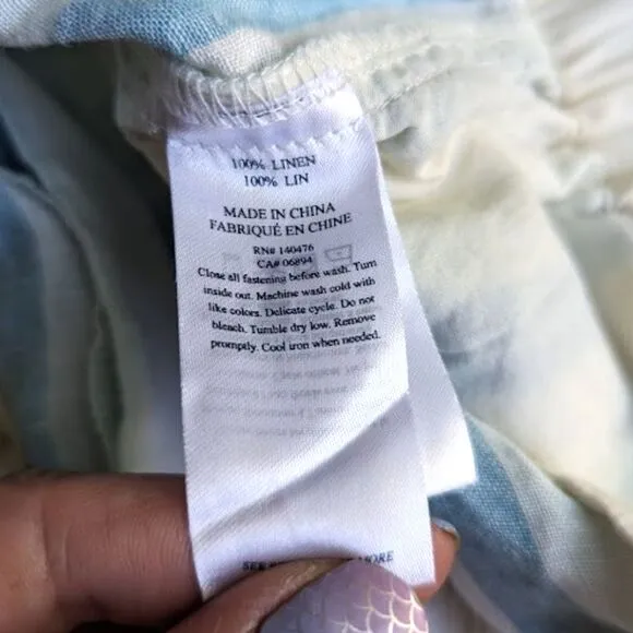Faherty Cypress Linen Shorts Blue Stripe Tie Waist, Large (W5)
