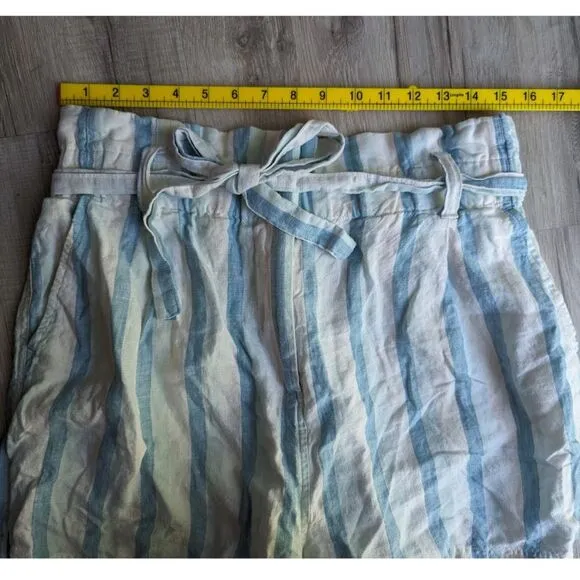 Faherty Cypress Linen Shorts Blue Stripe Tie Waist, Large (W5)