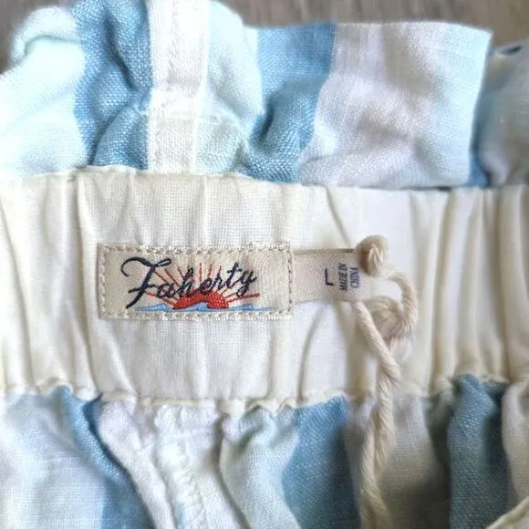 Faherty Cypress Linen Shorts Blue Stripe Tie Waist, Large (W5)